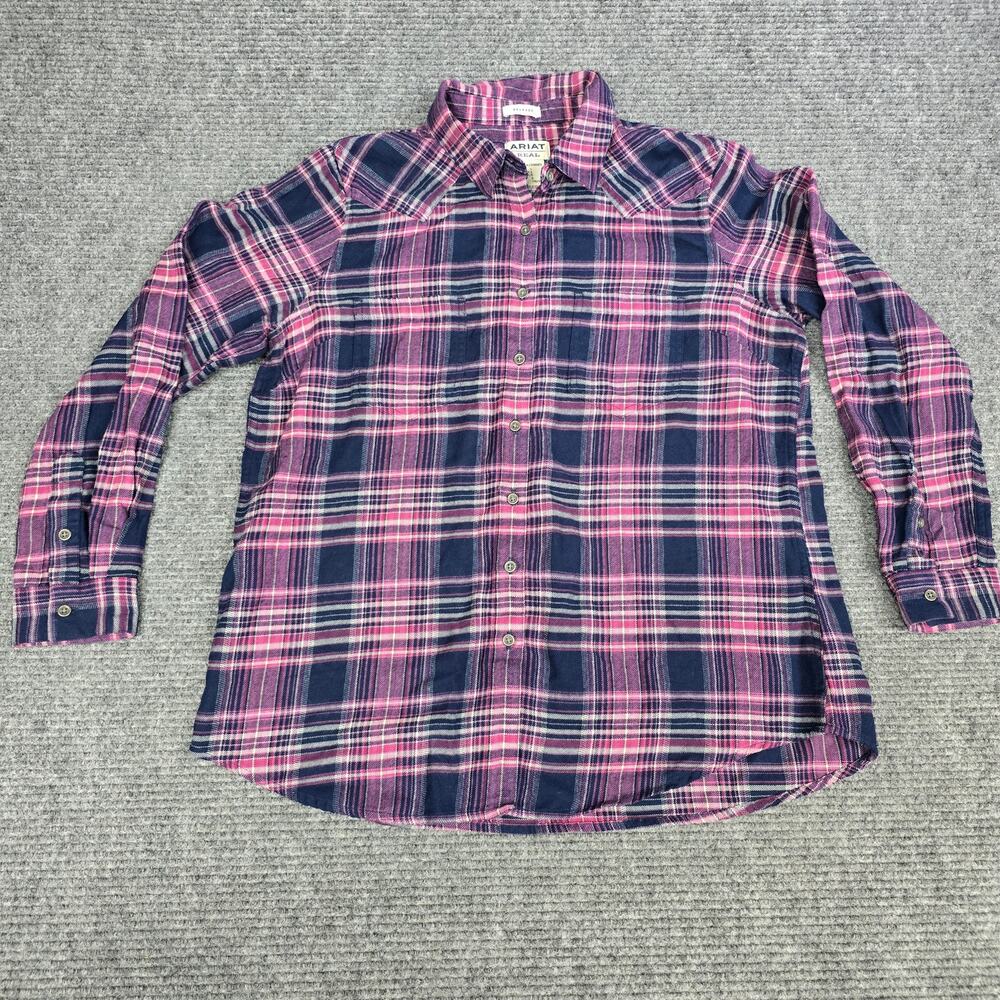 Ariat REAL Billie Jean Women's Large Pink Navy Plaid Flannel Shirt Relaxed